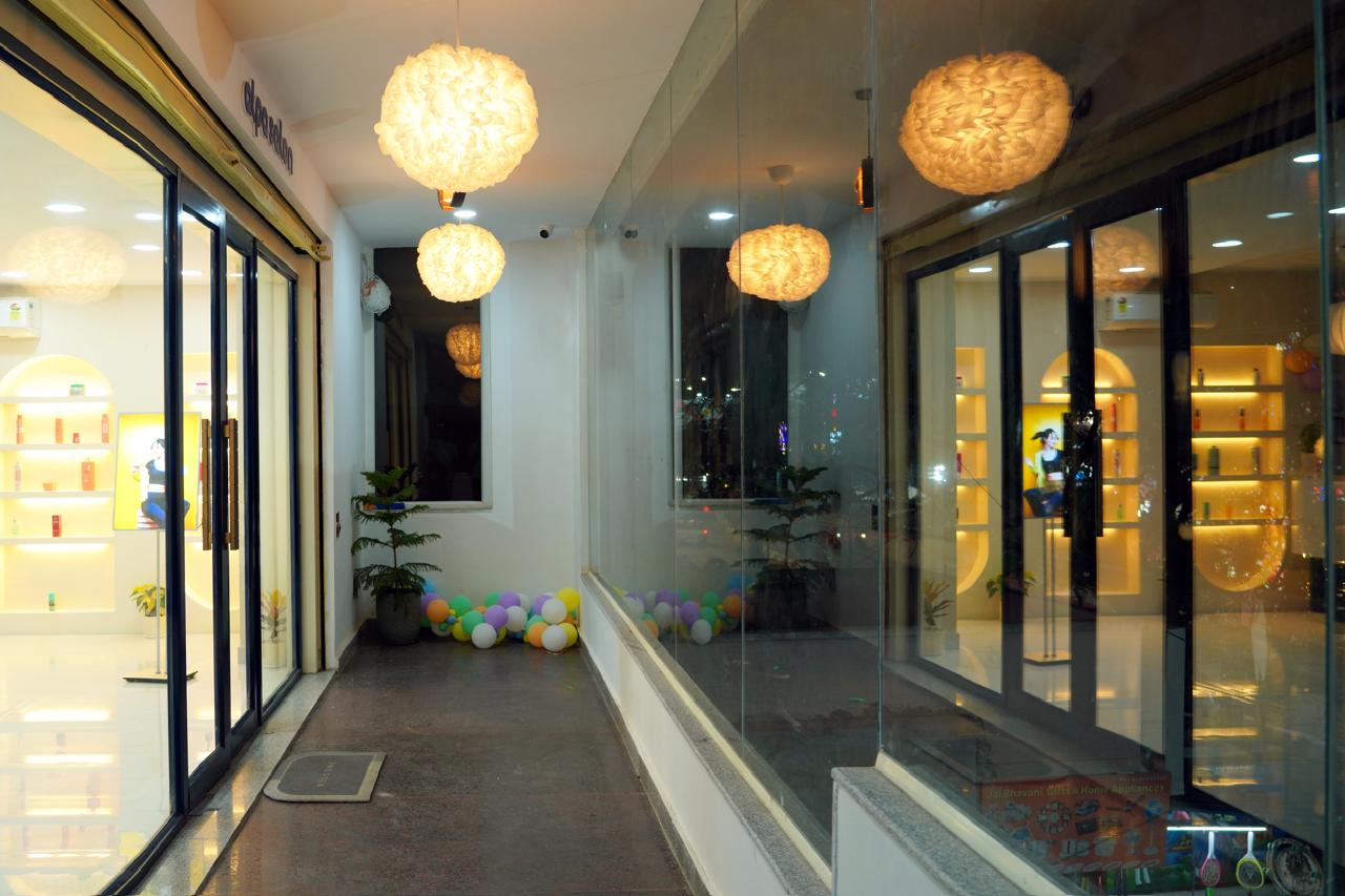 Entrance lobby with glass walls and pendant lamps
